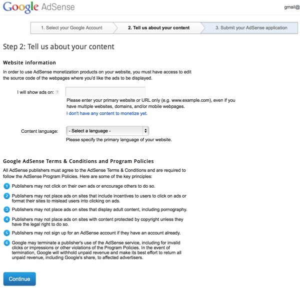 Google AdSense Three part sign up - step two