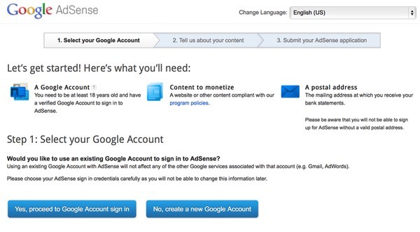 Google AdSense Three part sign up - step one
