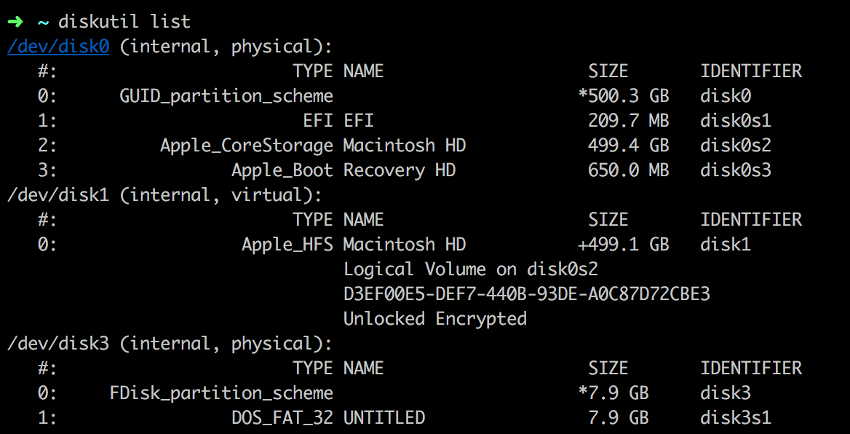 Terminal output from diskutil list command