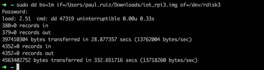 Terminal output from checking progress on Android Things image copying to sd card