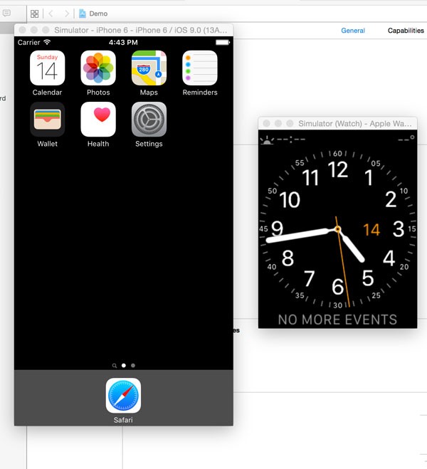 The iOS Simulator on the Left and the Apple Watch Simulator on the Right