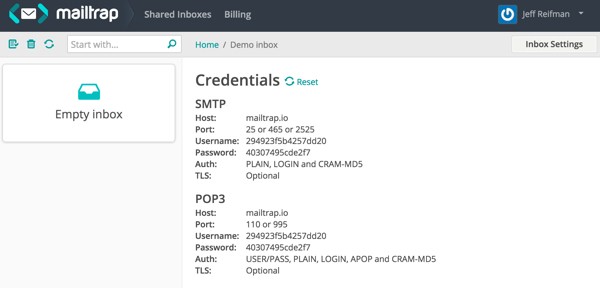 MailTrap SMTP Settings