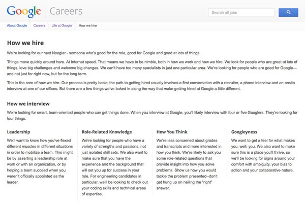 Googles how we hire page