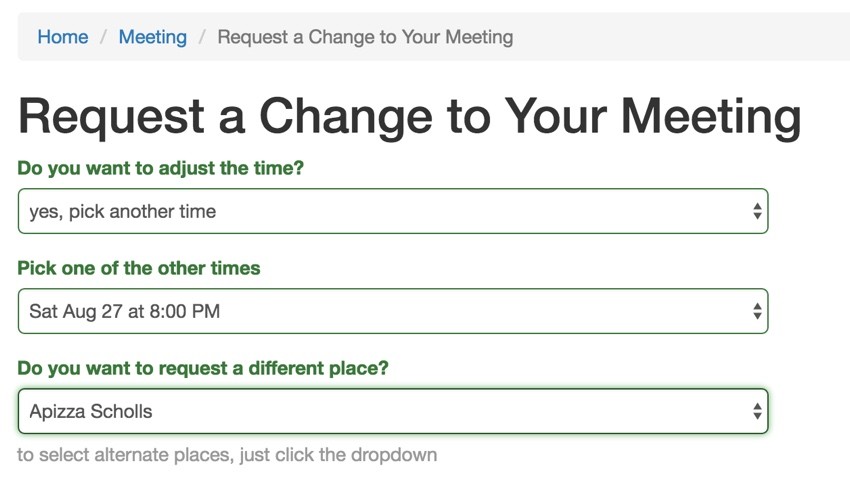 Build Your Startup Request Scheduling Changes - Selecting a different place