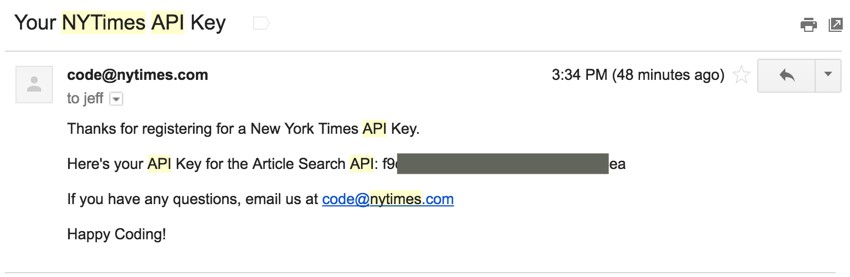 New York Times API - Email with API Key 
