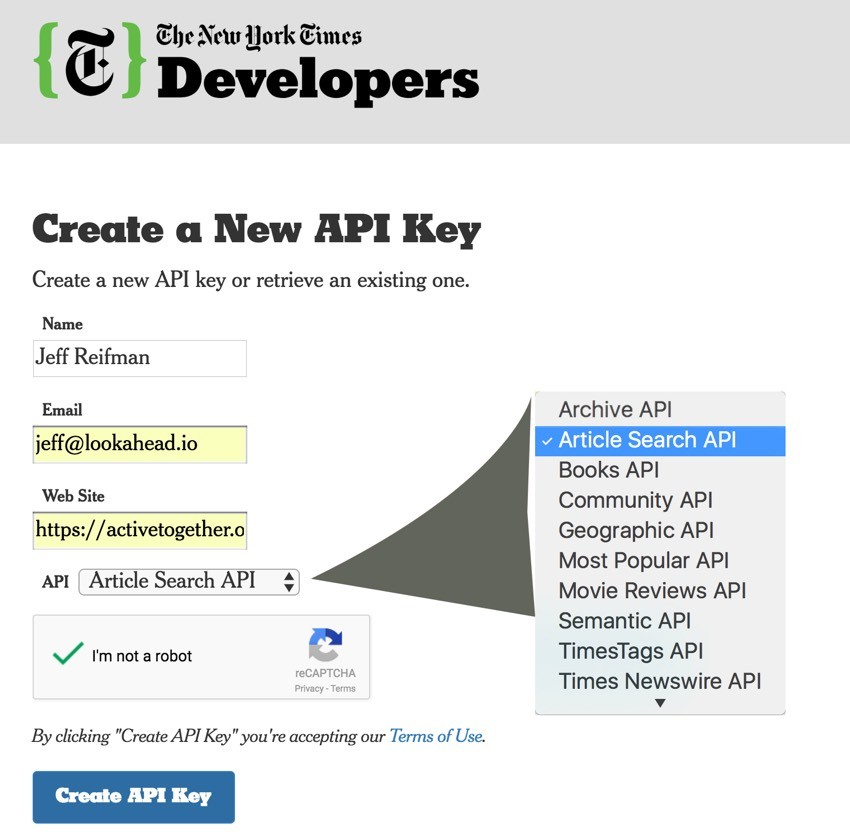 New York Times API - API Sign Up Page