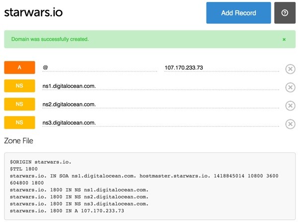 Digital Ocean DNS Web Console Domain View