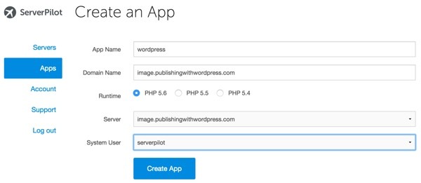Server Pilot New App Settings for WordPress