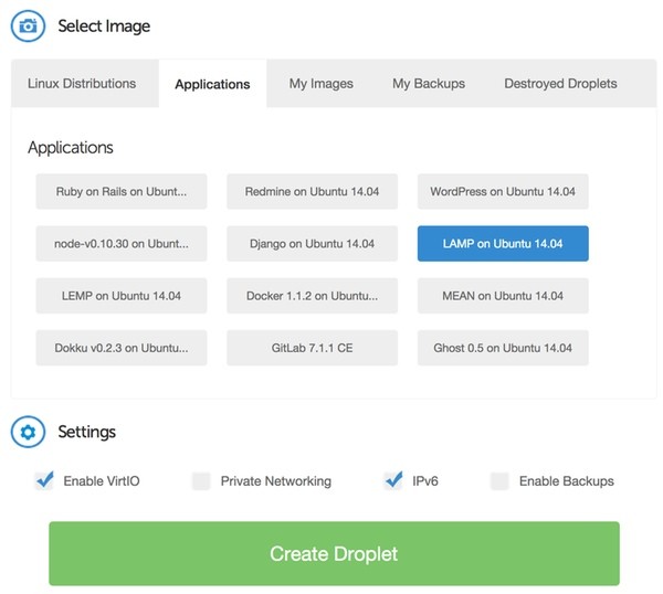 Digital Ocean Select an Application Image for Ubuntu