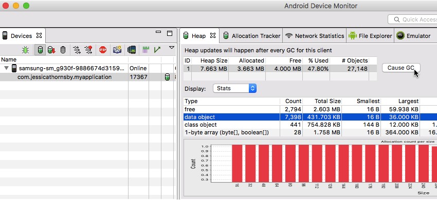 Open the Heap tool by selecting DDMS  Heap