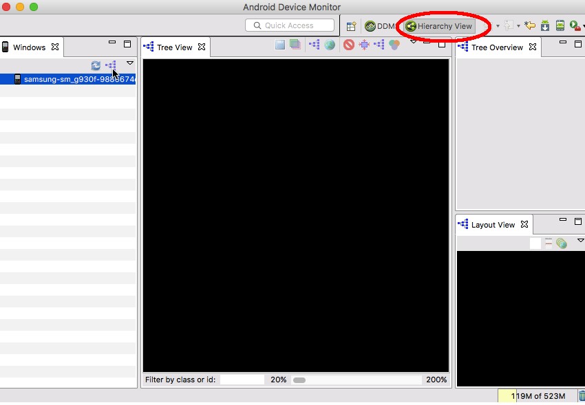 In the Android Device Monitor select the Hierarchy View button followed by Load the view hierarchy into the tree view 