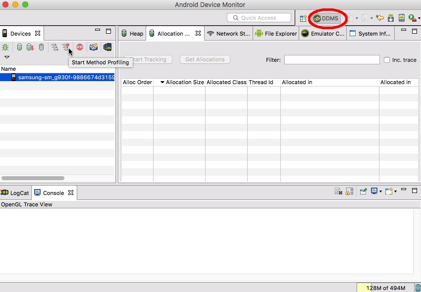 In the Android Device Monitor select the DDMS tab followed by Start Method Profiling