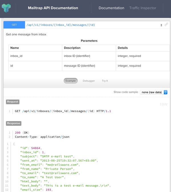 The Mailtrap API inbox message view example