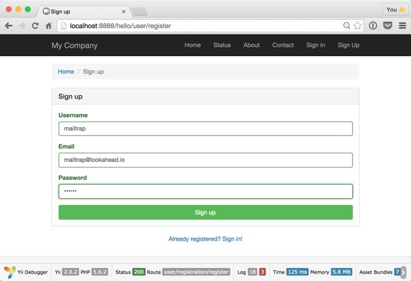 Yii Hello Application Sign Up