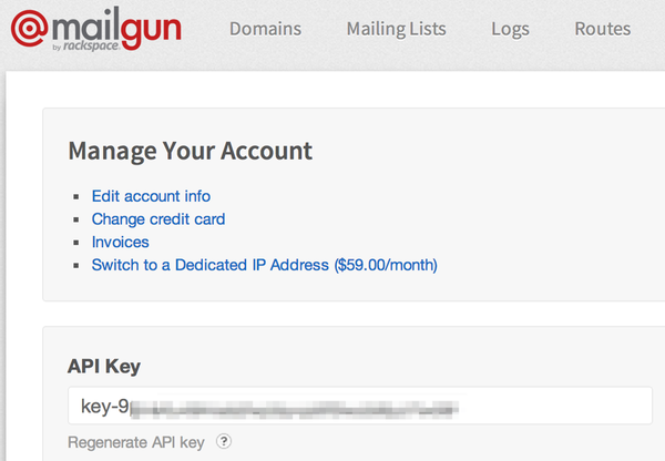 The Mailgun Control Panel with API Key