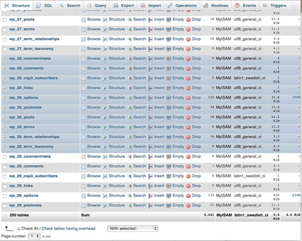 database tables selected ready to be dropped