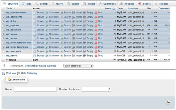 Database tables selected ready for export