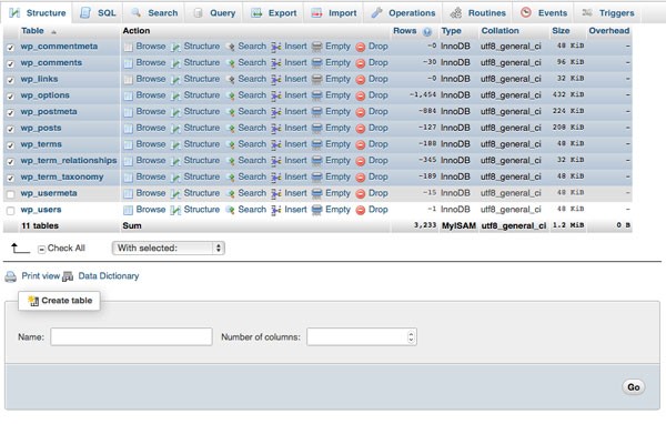 database tables selected ready to be dropped