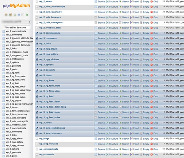 Database tables selected ready for export