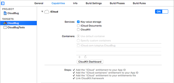 Enabling iCloud for the CloudBug Target