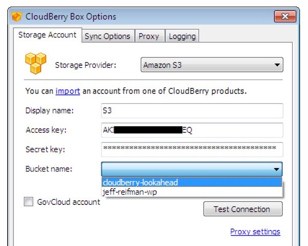 CloudBerry Box S3 Settings Example