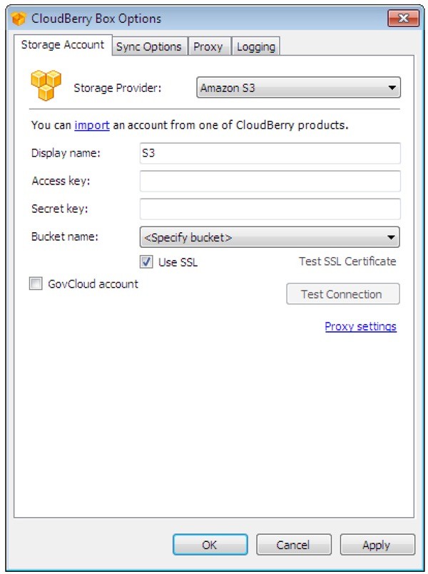 CloudBerry Box Storage Settings - Choose Your Cloud