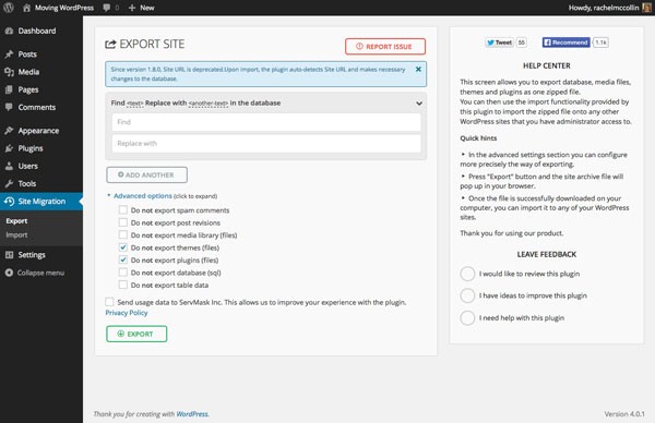 Export site using All-in-One WP MIgration