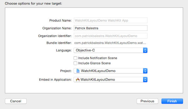 WatchKit App target options