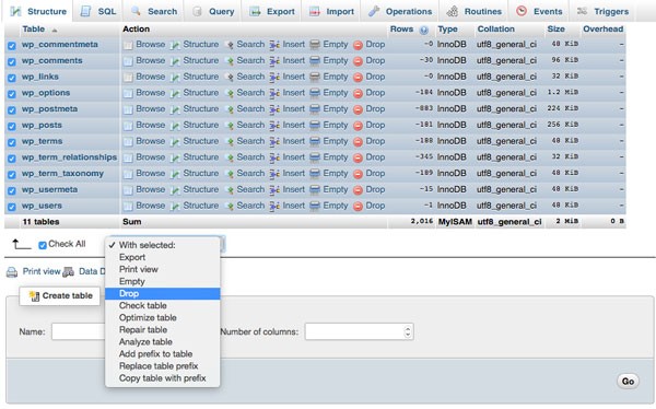 Drop database tables