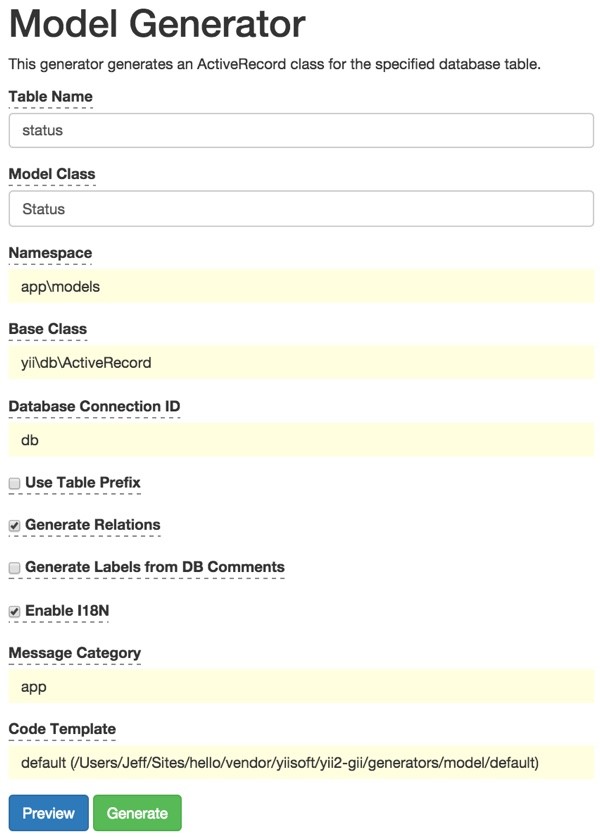 Yii2 Gii Code Generator Status Model for I18n