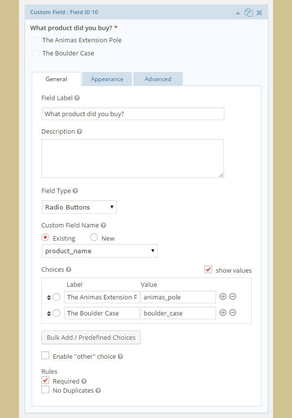 Entering product choices as a custom field in Gravity Forms