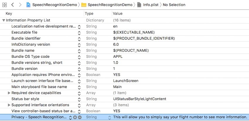 The Infoplist file with the newly added key