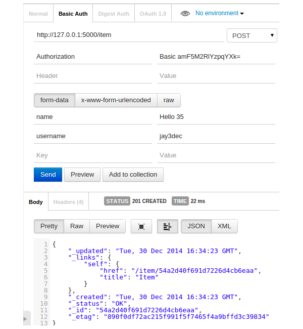 Add Item API request and response