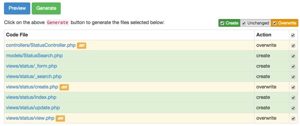 Yiis Gii CRUD Generator Preview