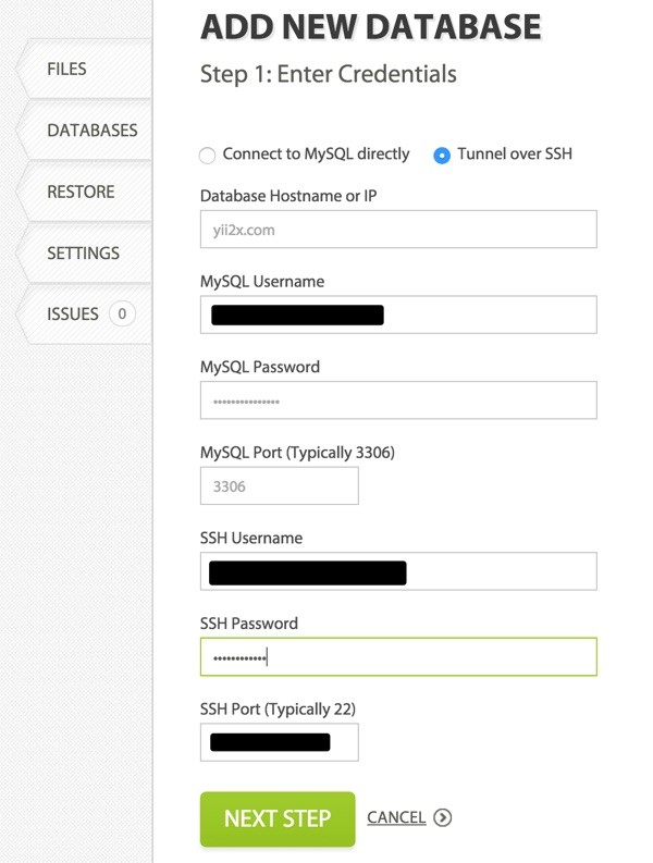 CodeGuard Backups Add New Database