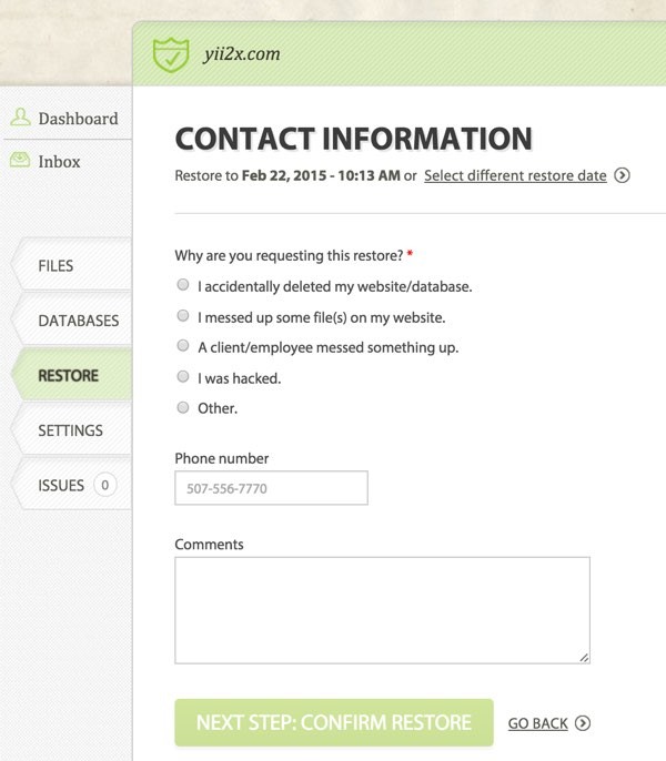 CodeGuard Restore Contact Information