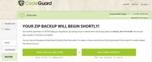 CodeGuard Restore Your Database Zip Will Begin Shortly