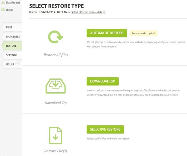 CodeGuard Select Restore Type