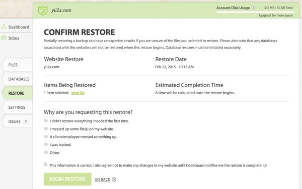 CodeGuard Confirm Selective Restore