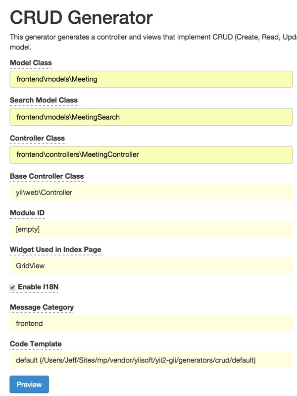 Meeting Planner I18n Message CRUD Generator with Gii