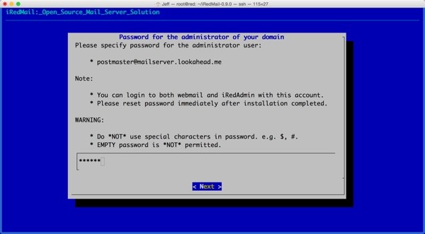 iRedMail Installation Set Password for Administrator