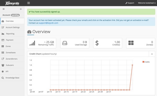 KeyCDN Initial Dashboard