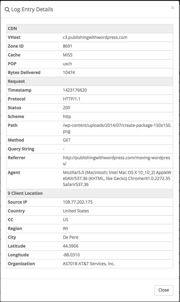 KeyCDN Reporting Log Request Detail View