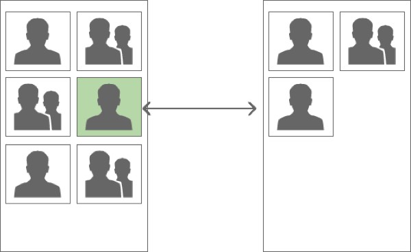 Wireframes of the application showing a master detail pattern