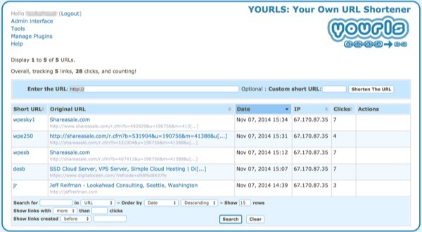 YOURLS Dashboard of Shortcuts