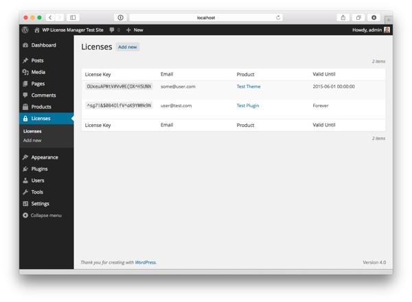 Licenses page in plugin