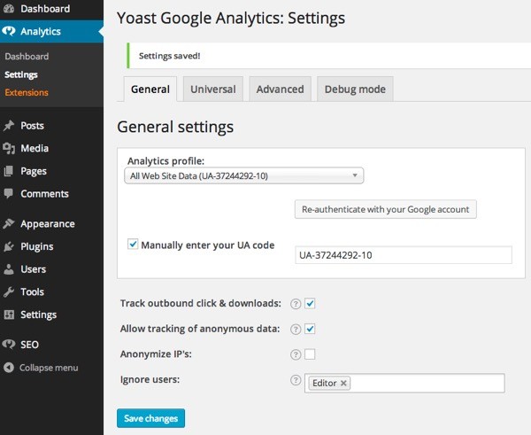 Yoast Google Analytics Settings
