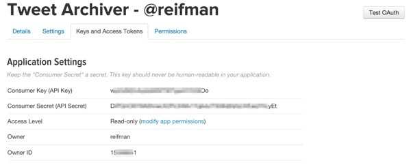 Twitter Application Consumer Keys for API Access