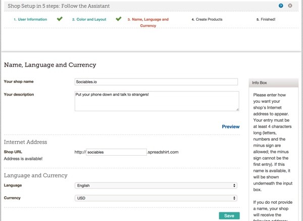 Set Name Language and Currency at Spreadshirt