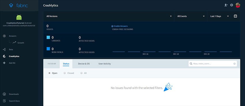 Crashlytics dashboard